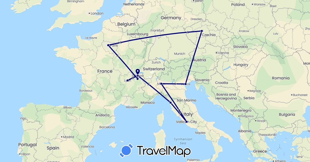 TravelMap itinerary: driving in Switzerland, Czech Republic, France, Italy (Europe)